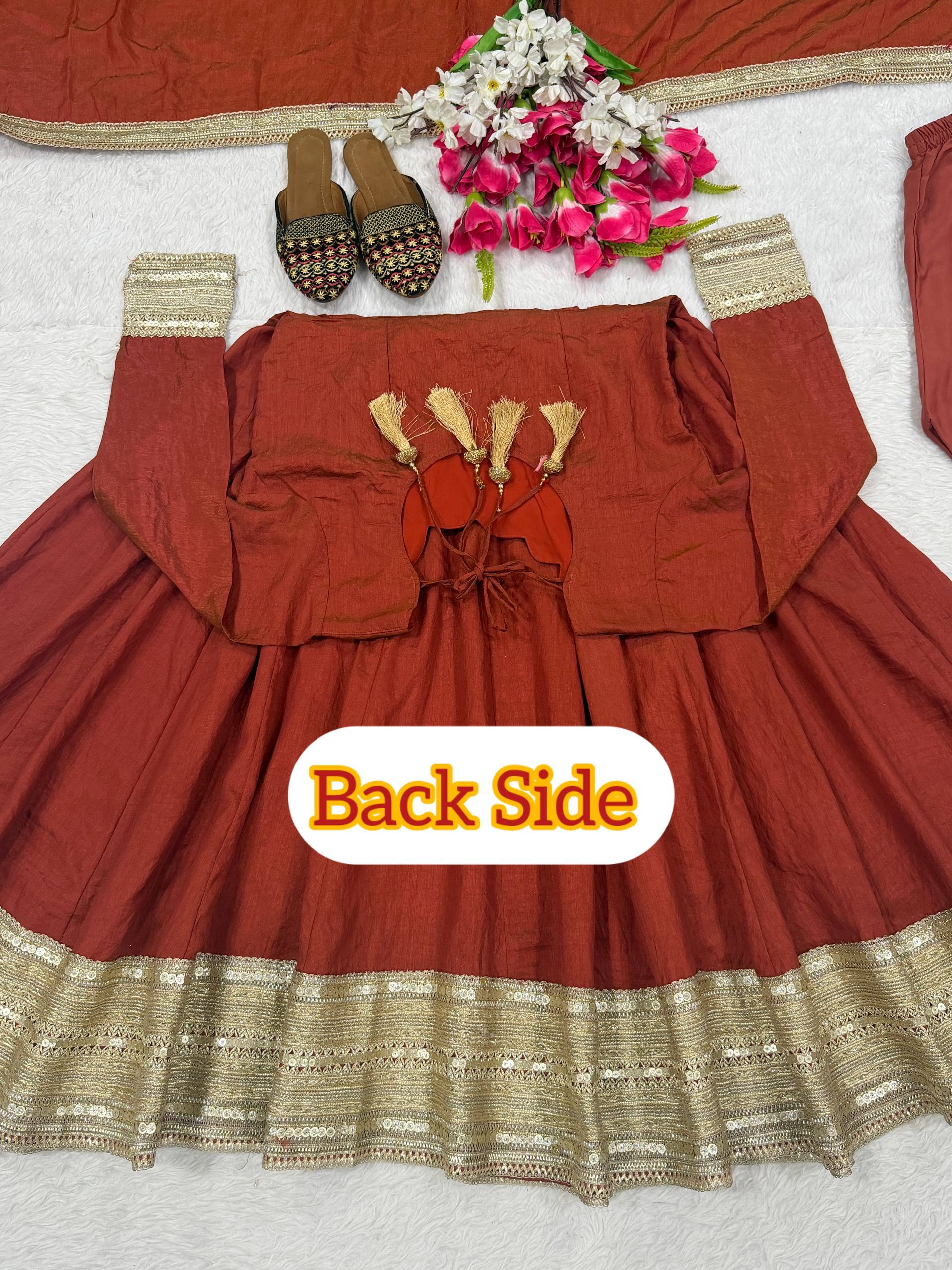 Regal Rust Orange Flared Anarkali Suit Set Featuring Ornate Gold Sequined Borders, a Scalloped Neckline, and an Elegant Tie-Up Back